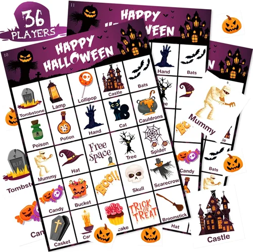 V-Opitos Tarjeta de juego de bingo de Halloween para niños y adultos, 36 jugadores, juego de Halloween para familia/aula escolar, grupo grande,