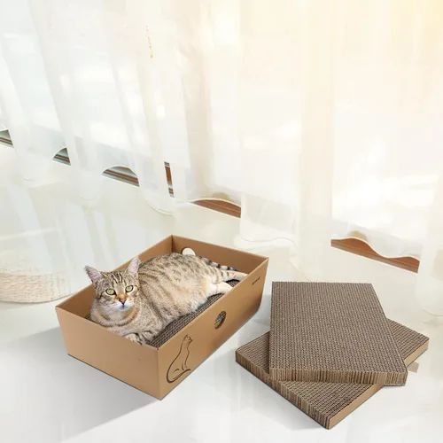 Miniatura 7 de AUSCAT Rascador de cartón para gatos, 4 tablas de rascar reversibles para gatos con caja para que el gatito de interior descanse y juegue, 14.8