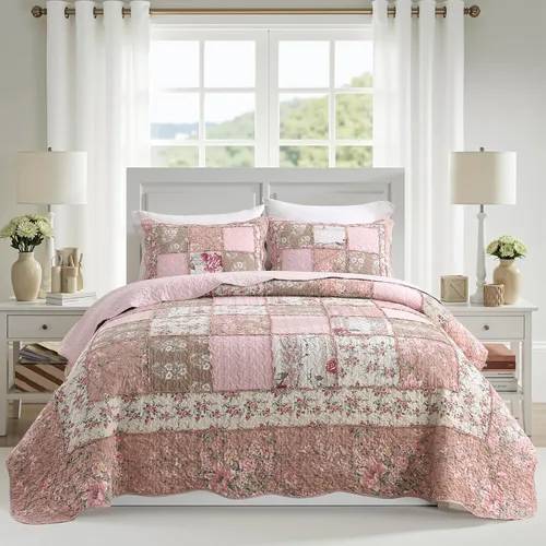 Miniatura 22 de NEWLAKE - Juego de cubrecama reversible con diseño floral a cuadros, tamaño queen Floral a cuadros marrón