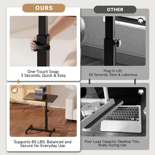 Miniatura 7 de GTPLAYER Escritorio de pie pequeño, mesa plegable de 24 pulgadas para computadora portátil con ruedas bloqueables, altura ajustable, mesa de noche