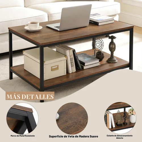 Miniatura 4 de SUPER DEAL Mesa de café industrial de 2 niveles con estante de almacenamiento para apartamento pequeño, sala de estar, mesa auxiliar rectangular
