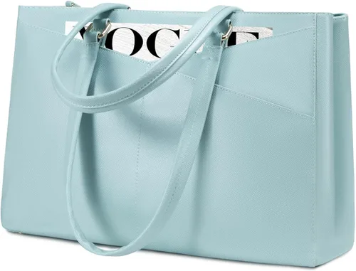 Miniatura 22 de LOVEVOOK Bolsa de mano para computadora portátil para mujer, bolsas de trabajo de cuero de 15.6 pulgadas con soporte grande para tazas para Negro