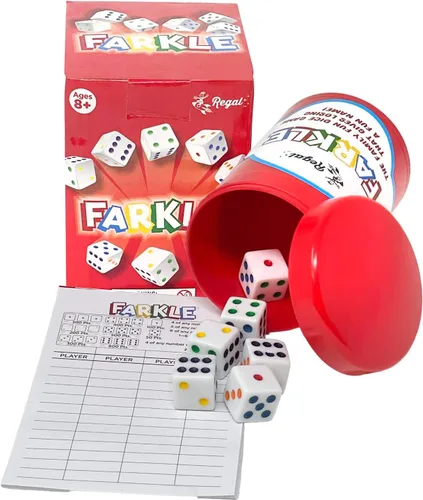 Regal Games - Juego de dados clásico Farkle con 6 dados de colores, 1 conveniente cubilete para agitar fácilmente y 25 hojas de puntaje - Juego