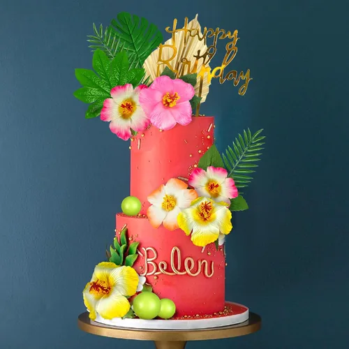 Miniatura 6 de 25 adornos para tartas hawaianas con hojas de palma, hibisco, bolas de flores para Hawaii, Aloha, selva, verano, boda, cumpleaños (multicolor)