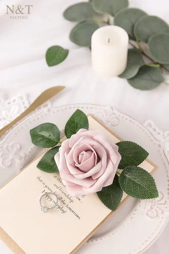 Miniatura 511 de N&T NIETING Flores artificiales, rosas artificiales de color rosa intenso, 50 piezas de flores falsas con tallo para ramos de boda DIY, centros