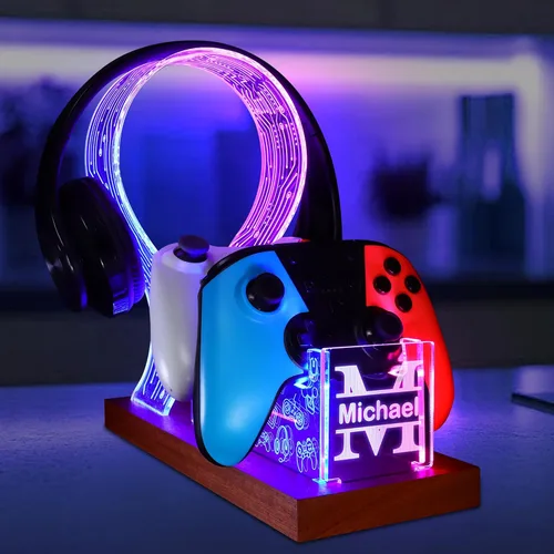 Miniatura 8 de YuanDian Gamer Gifts for Teenage Boy, Can't Hear You I'm Gaming Headset and Controller Stand, Acrylic Wooden Controller Holder with Blue Pink LED