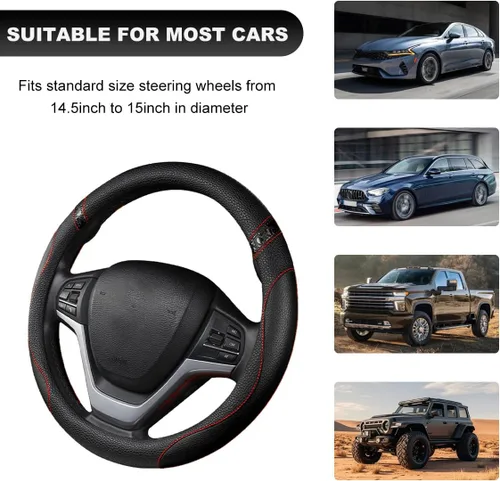 Miniatura 5 de Funda para volante de automóvil, 15 pulgadas, de cuero de alta calidad, transpirable, antideslizante, protector universal para volante cómodo