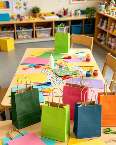 Miniatura 5 de qiqee Bolsas de regalo pequeñas de papel multicolor con asas a granel para fiesta arcoíris - 8.3"x6"x3.15" 100 piezas