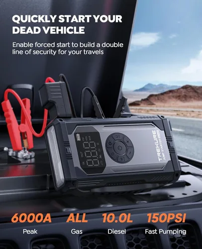Miniatura 2 de TREKURE Arrancador de batería de 8 en 1 con compresor de aire 6000A 150PSI portátil para automóvil (todo gas/10L diésel), arrancador de batería
