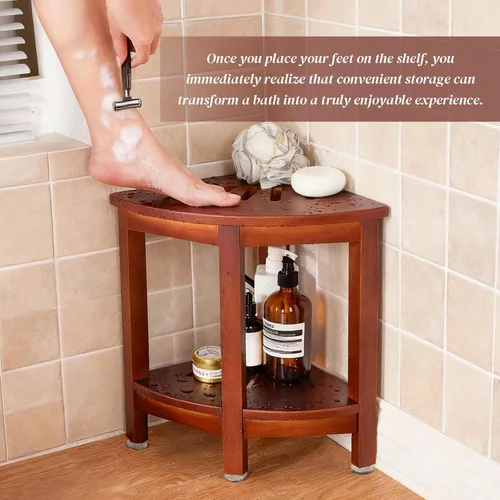 Miniatura 6 de HouseJoy Banco de ducha esquinero con estante, taburete de ducha de esquina de 16.5 pulgadas de alto para afeitarse las piernas, reposapiés