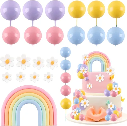 Decoración de pastel de arco iris, 26 unidades, bolas de macarrón, decoraciones para tartas con flores, decoraciones para tartas temáticas de