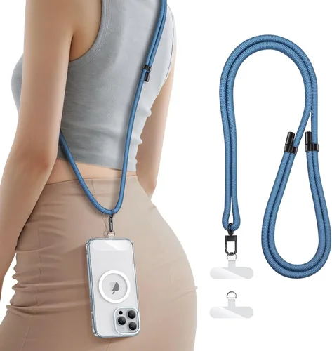 SSLOTSCASE Cordón cruzado para teléfono con 2X almohadillas transparentes de TPU para teléfono, correa de cuello flexible ajustable antirrobo, Azul