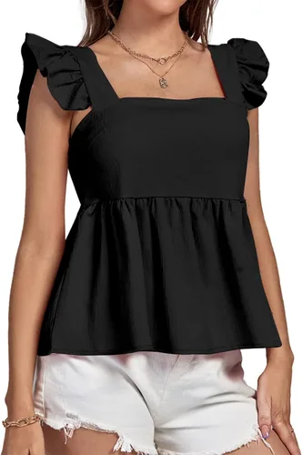 Miniatura 3 de LYANER Blusa sin mangas con volantes y cuello cuadrado para mujer