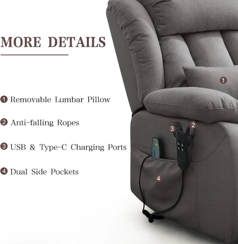 Miniatura 7 de Infinite Position Lay - Silla reclinable plana para adultos, silla elevadora eléctrica de doble motor para personas mayores con masaje