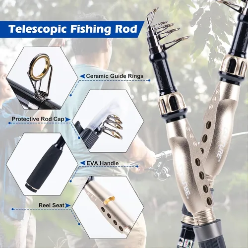 Miniatura 2 de Goture Combo de Caña de Pescar y Carrete - Caña de Pescar Telescópica de Fibra de Carbono - Carrete Giratorio con 9+1 Rodamientos Blindados de Acero