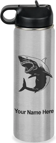 Miniatura 47 de LaserGram Botella de agua personalizada, gran tiburón blanco, acero inoxidable de doble pared aislada al vacío con popote superior, regalo grabado