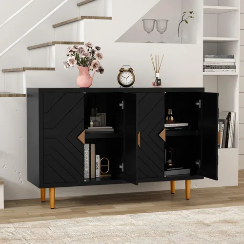 Miniatura 5 de HLR Gabinete de Acento de 48 pulgadas con 4 Puertas y Estantes, Aparador Gabinete Buffet Moderno con Puertas de Patrón Decorativo en Relieve