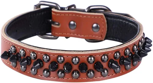 Miniatura 18 de Serijoars Collares ajustables de cuero genuino con tachuelas para mascotas pequeñas, medianas y grandes, Pit Bull, Bulldog, Pugs, Husky (M, morado)