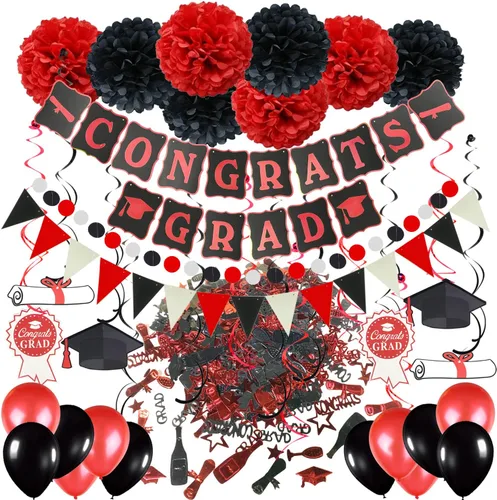 Miniatura 8 de ZERODECO Decoraciones para graduación, cartel en negro y dorado, pompones de papel espirales colgantes, confeti de papel, guirnaldas y globos