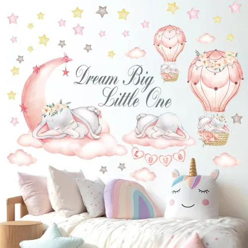 Miniatura 3 de DECOWALL Calcomanías de pared Dream Big Little One – Calcomanías de pared de luna y estrellas de elefante, despegar y pegar, extraíble, decoración