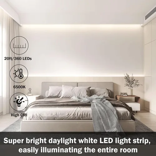 Miniatura 6 de Tira de luces LED blancas de 20 pies con control remoto, tira de luz LED regulable de 6500 K de 12 V, 360 luces LED flexibles para dormitorio