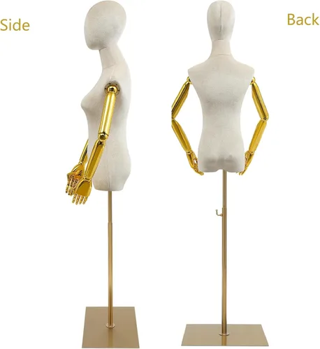 Miniatura 5 de Torso de maniquí femenino de terciopelo con soporte, soporte de exhibición de maniquí de terciopelo beige, 59 a 78 pulgadas de altura ajustable