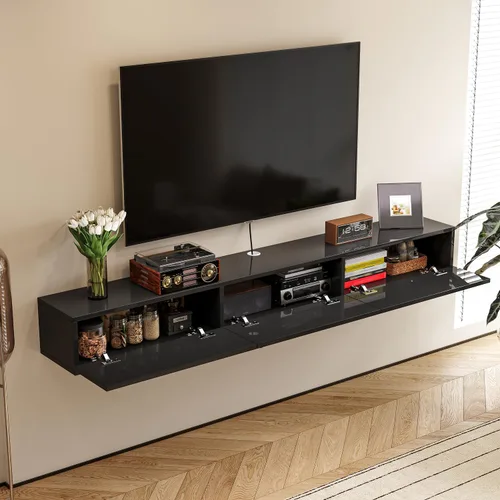 Miniatura 3 de FurniNova Soporte flotante para TV con 3 puertas, moderno mueble flotante para consola de TV con almacenamiento, estante flotante de madera Negro