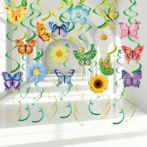 33 decoraciones colgantes de primavera para el hogar, serpentinas colgantes de mariposa para primavera, verano, Pascua, flores, mariposa, temática