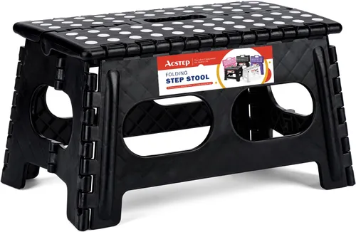 Miniatura 28 de ACSTEP Taburete plegable para adultos de 11 pulgadas de altura, taburete de plástico ligero plegable con capacidad de hasta 300 lbs, taburete Negro