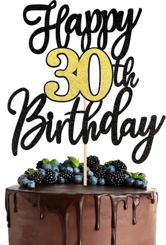 1 pieza de decoración para pastel de feliz cumpleaños número 30, negro dorado con purpurina, brindis por 30 años, palillo para pastel de cumpleaños,