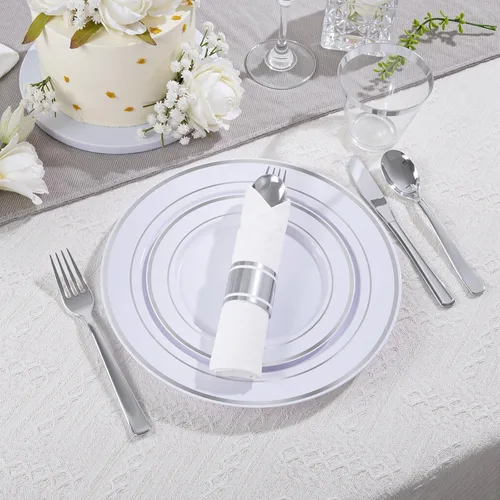 Miniatura 2 de DaYammi Juego de vajilla de plástico plateado de 350 piezas para 50 invitados, platos desechables elegantes para fiestas, incluye: 50 platos llanos
