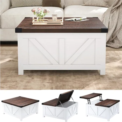 Miniatura 5 de Jimeimmen - Mesa de centro elevada de granja con almacenamiento, mesa cuadrada de centro de madera con estación de carga y puerto USB, mesa de sala