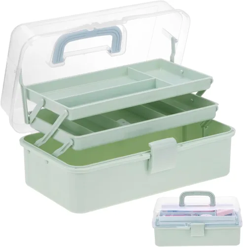 Miniatura 9 de Organizador de manualidades, caja de aparejos plegable portátil de 3 capas, caja de herramientas de plástico con asa para suministros de costura