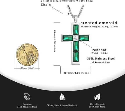 Miniatura 50 de Collar de cruz para hombre, piedras preciosas de color piedra natal de circonita cúbica, collar de acero inoxidable para hombre, cadena de 24