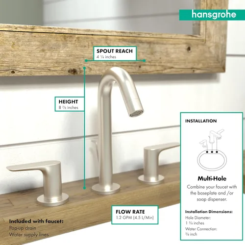 Miniatura 4 de hansgrohe Logis 71533821 - Grifo de lavabo de baño de 3 agujeros con ahorro de agua moderno y de bajo flujo en níquel cepillado, 71533821