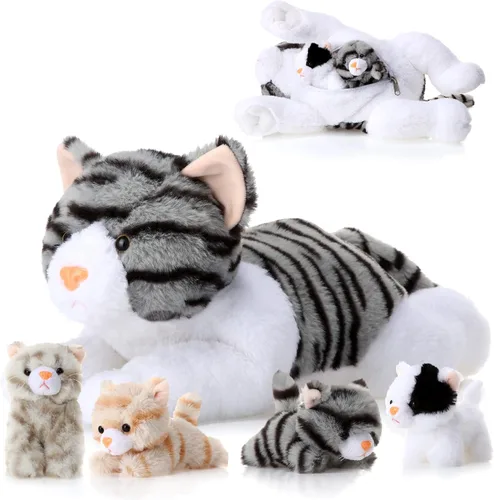 Miniatura 10 de Skylety 5 piezas de animal de peluche de gato con bebés dentro del vientre de gato embarazada mamá gatita con 4 lindos gatitos de peluche esponjosos