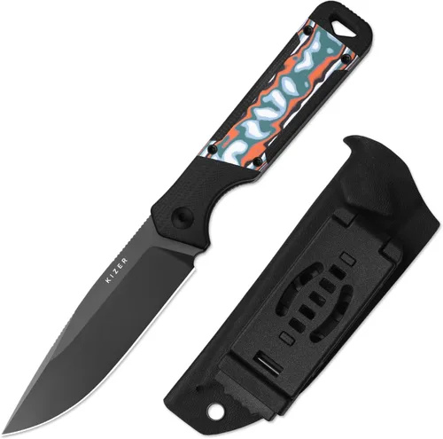 Kizer Militaw Cuchillo de hoja fija con funda, cuchillo de campamento de hoja D2 con mango G10 y Micarta, cuchillos EDC de hoja fija para hombres y