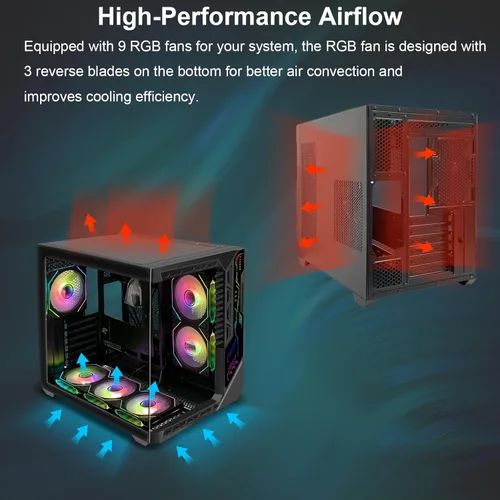Miniatura 7 de SZSKYING Funda para PC ATX Mid-Tower Gaming con 9 ventiladores ARGB con control remoto, vidrio templado, radiador de 14.173 in, tipo C, negro.