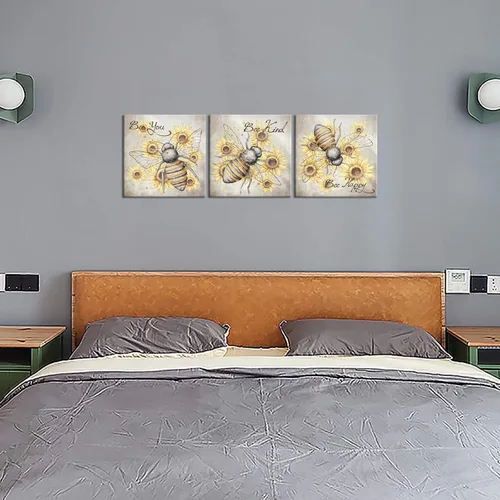 Miniatura 3 de iHAPPYWALL 3 piezas de lienzo de abeja de miel, arte de pared, diseño de girasol y citas motivacionales, ilustraciones para cocina, dormitorio