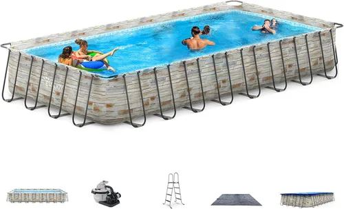 Miniatura 8 de EVAJOY Juego de piscina rectangular con marco de metal de 14 x 7 x 48 pulgadas para familias, juego de piscina rectangular sobre el suelo con bomba