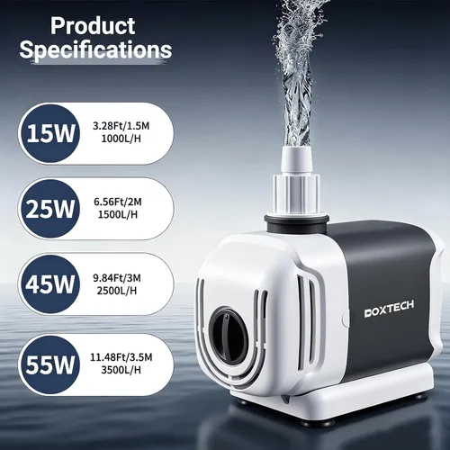 Miniatura 9 de Boxtech Bomba de agua para acuario, bomba de fuente de doble uso de 265 GPH - Sumergible de 15 W/externa con 3 boquillas de salida para acuarios