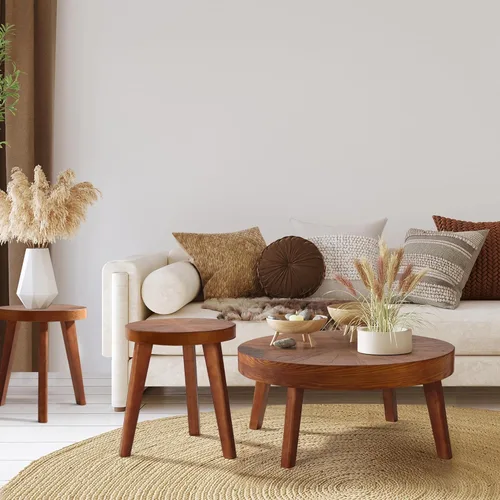 Miniatura 7 de HOKYHOKY Juego de 3 mesas de centro redondas estilo granja, mesas nido de estilo bohemio para sofá, mesas auxiliares con acabado natural de madera