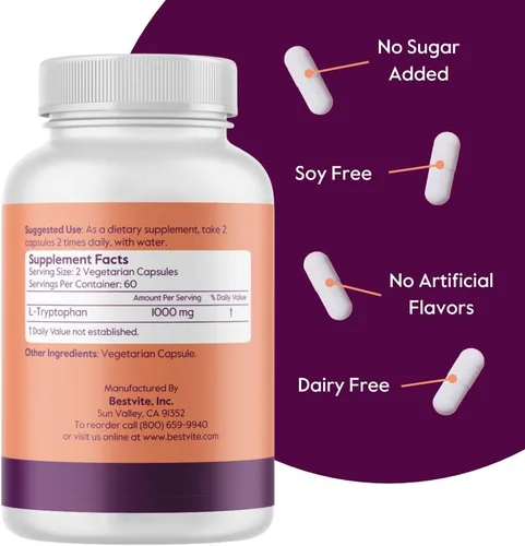Miniatura 3 de BESTVITE L-triptófano 500 mg por cápsula (120 cápsulas vegetarianas) - Sin estearatos - Sin sílice - Sin gelatina - Vegano - Sin gluten - Sin OMG