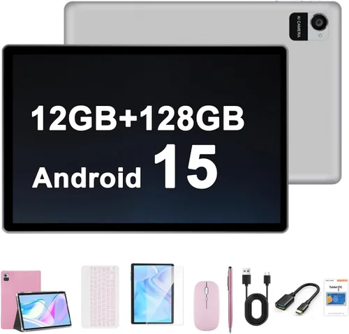 Crelander Tablet Android 15 de 10.1 pulgadas, tableta Android de 12 GB+128 GB, batería de 8000 mAh, pantalla táctil de 1280 x 800, WiFi Rosa