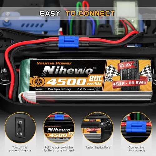 Miniatura 6 de Batería Lipo 4S de 14.8 V, 4500 mAh, 80 C, con enchufe EC5, compatible con escala 1/10 1/8, automóvil, camión, vehículo, avión, helicóptero, barco