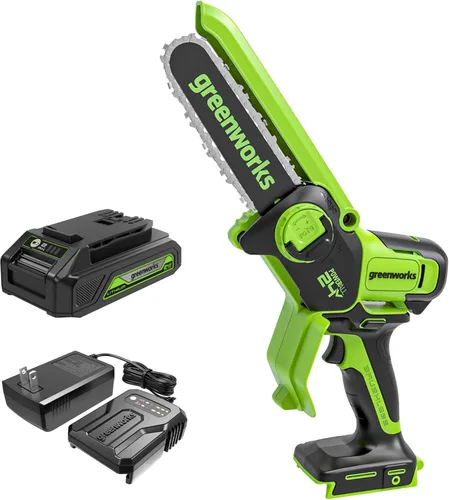 Greenworks Motosierra Mini Inalámbrica de 24V 6 Pulgadas, Motosierra Pequeña Inalámbrica de Mano, Incluye Batería de 2.0Ah y Cargador, para Poda y