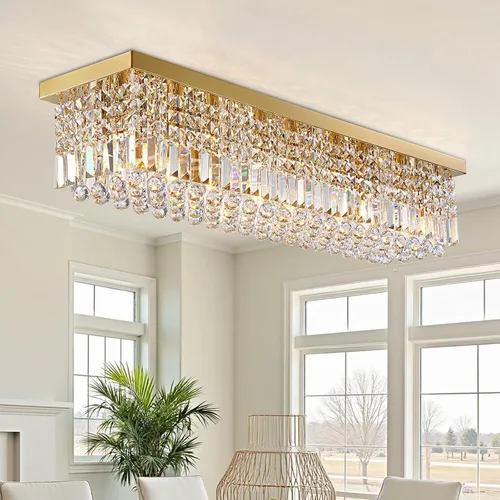 Miniatura 23 de Candelabros Modernos de Cristal para Lámpara de Comedor, Candelabro de Techo Rectangular Dorado de 6 Luces para Isla de Cocina y Sala de Estar