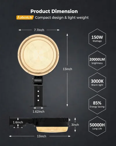 Miniatura 6 de toberich Luz LED de granero, 150 W, 20000 lúmenes, luces de área de patio, iluminación al aire libre del atardecer al amanecer, con fotocélula