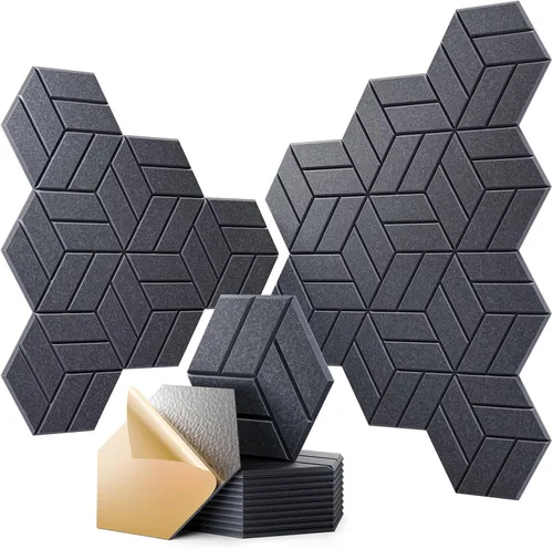 Miniatura 37 de 12 paneles acústicos autoadhesivos, paneles de espuma a prueba de sonido de 12 x 10 x 0.4 pulgadas para paredes, paneles de pared hexagonales Negro