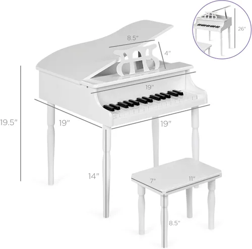 Miniatura 7 de Best Choice Products Juguete clásico de madera para niños de 30 teclas con tapa de piano, banco, estante de música plegable, libro de canciones